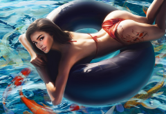 women, ass, kelly cox, top view, bikini, water, fish, long hair, art wallpaper