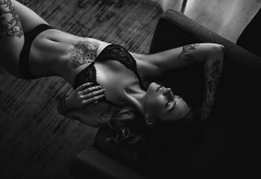 monochrome, closed eyes, black lingerie, armpits, piercing, tattoo, belly, sexy wallpaper