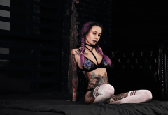 lingerie, white stockings, pigtails, purple hair, sitting, tattoo, dyed hair wallpaper