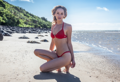 blonde, flat belly, red bikini, beach, sand, sea, outdoors, bikini wallpaper