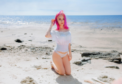 pink hair, outdoors, kneeling, tattoo, sand, beach, white panties, sea, dyed hair wallpaper