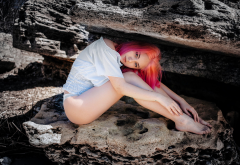 pink hair, outdoors, dyed hair, sitting, white panties, rocks, legs wallpaper
