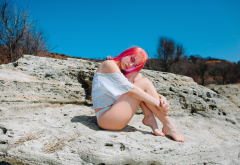 pink hair, outdoors, dyed hair, sitting, white panties, hair in face, legs, feet wallpaper