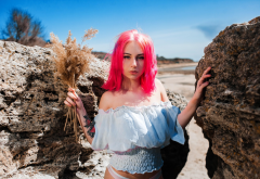pink hair, outdoors, dyed hair, portrait, rocks, white panties wallpaper