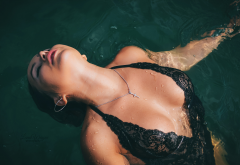 model, closed eyes, necklace, wet, boobs, lingerie, black lingerie, sexy wallpaper