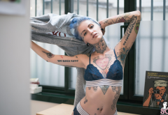 gladyce suicide, suicide girls, model, dyed hair, tattoo, lingerie, blue hair, piercing, bra, sexy wallpaper