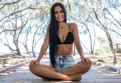sitting, long hair, smiling, tanned, jeans shorts, legs crossed, bikini top, sexy wallpaper