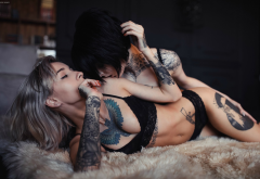 model, 2 girls, lingerie, black lingerie, tattoo, inked girl, lesbian wallpaper