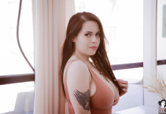 gret suicide, tattoo, looking at viewer, necklace, redhead, big boobs, window, suicide girls, busty wallpaper