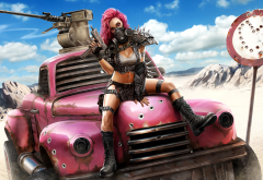 artwork, pink hair, jeep, apocalyptic, desert, sexy wallpaper