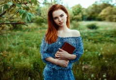 portrait, redhead, blue eyes, outdoors, book, bare shoulders, summer dress, non nude wallpaper