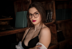 glasses, red lipstick, black bra, bare shoulders, sexy wallpaper