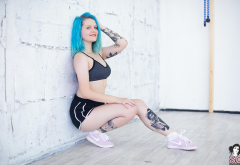 redkaya, model, tattoo, dyed hair, blue hair, smiling, suicide girls, sexy, sport wallpaper