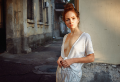 model, redhead, blouse, street, sexy, tits wallpaper