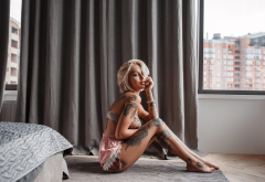 blonde, tanned, sitting, tattoo, window, sideboob, lingerie, sexy wallpaper