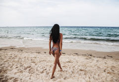 beach, sand, tanned, back, sea, outdoors, ass, black hair, long hair, bikini wallpaper