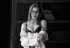 model, monochrome, glasses, black bra, bra wallpaper