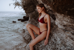 sitting, belly, sea, red bikini, outdoors, bikini, cliff, beach wallpaper