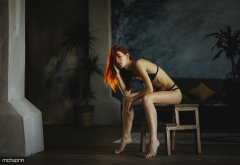 sitting, redhead, barefoot, skinny, bikini wallpaper