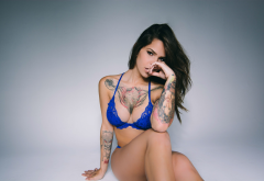 model, brunette, finger on lips, sitting, lingerie, blue lingerie, inked girl, tattoo, sexy wallpaper