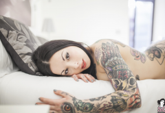 marythunder, model, suicide girls, tattoo, black hair, in bed, face wallpaper