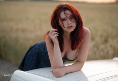 dress, portrait, redhead, outdoors, boobs, bare shoulders, freckles, big tits wallpaper