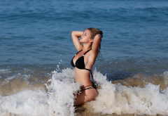 tanned, sea, black bikini, outdoors, closed eyes, bikini, beach wallpaper