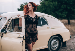 model, redhead, red lipstick, cars, outdoors, lingerie, black lingerie, see-through wallpaper