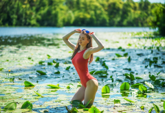 one-piece swimsuit, closed eyes, river, sunglasses, outdoors, pond wallpaper