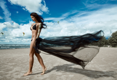 model, bikini, beach, sea, black bikini, tattoo, tanned wallpaper