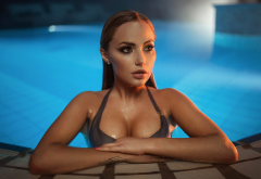 wet, model, boobs, swimming pool, bikini, sensual gaze, wet hair, sexy wallpaper