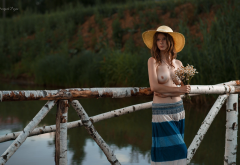 topless, hat, skirt, long skirt, flowers, sexy, brunette, river wallpaper