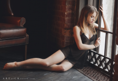 alexandra smelova, model, legs, barefoot, lingerie, black lingerie wallpaper