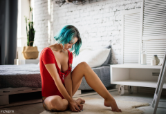 dyed hair, barefoot, sitting, model, tits, sexy legs wallpaper