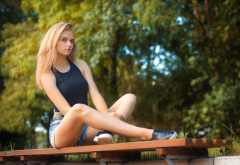 model, outdoors, blonde, black top, sitting, portrait, legs wallpaper