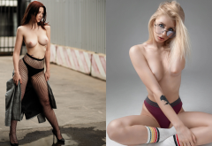 2 girls, collage, blonde, redhead, topless, tits, boobs, panties, black panties, fishnet, pantyhose, socks, glasses wallpaper