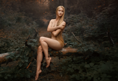 nude, forest, longh air, sexy legs, blonde wallpaper