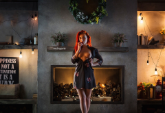 redhead, tits, boobs, dress, fireplace wallpaper