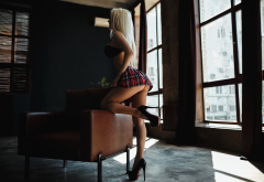 ass, blonde, window, plaid skirt, high heels, black bra, long hair, skirt, high heels wallpaper