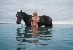 blonde, nude, covering boobs, ribs, sea, belly, long hair, water, tanned wallpaper