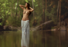 big tits, boobs, topless, river, forest, brunette, nipples, sexy wallpaper