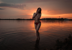 rada romanova, sunset, river, topless, panties, brunette wallpaper