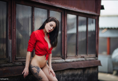 model, tattoo, red shirt, brunette, bottomless, hot wallpaper