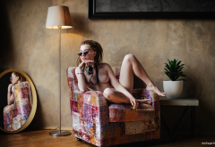 camera, sunglasses, naked, couch, legs, tits, boobs, mirror, reflection wallpaper