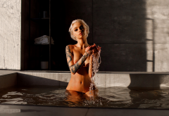 blonde, short hair, wet body, naked, belly, tattoo, boobs, tits, nipples, wet, tanned wallpaper