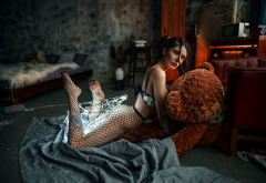 fishnet, teddy bears, tattoo, ponytails, ass, bed, bra, red lipstick wallpaper