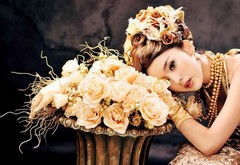 girl, model, asian, flowers, rozy, pricheska wallpaper