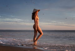 naked, sea, sunset, boobs, tits, nipples, ass, brunette, ribs, looking away, clouds, sky wallpaper