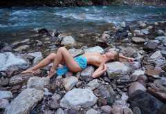 anna ioannova, legs, tits, boobs, nipples, rocks, river wallpaper