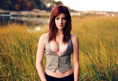 boobs, girl, beautiful, eye, model, field, redhead, grass, background, susan coffey, brassiere, pink wallpaper